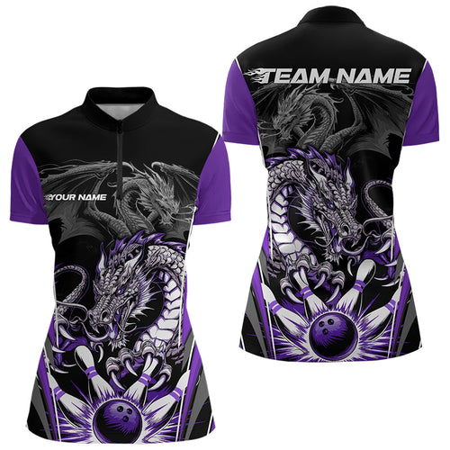 Custom Black And Purple Dragon Bowling Womens Quarter-Zip Shirt, Bowling Tournament Uniform IPHW8554