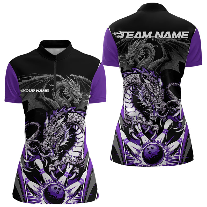 Custom Black And Purple Dragon Bowling Womens Quarter-Zip Shirt, Bowling Tournament Uniform IPHW8554