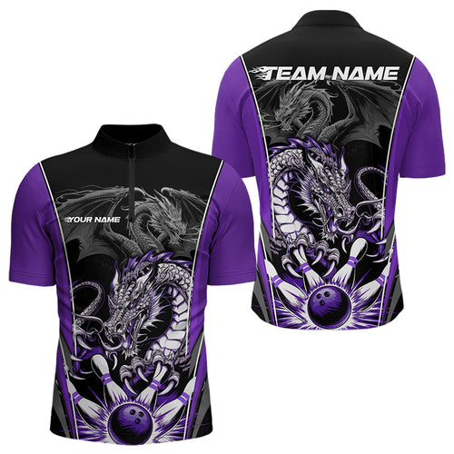 Custom Black And Purple Dragon Bowling Quarter-Zip Shirts For Men, Dragon Bowling Tournament Uniform IPHW8554