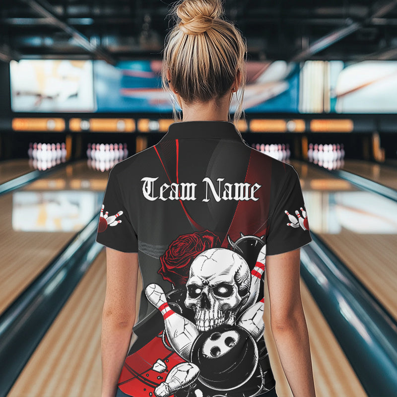 Custom Black And Red Roses Skull Bowling Team Polo Shirts For Women, Skull Bowling Jerseys IPHW8870