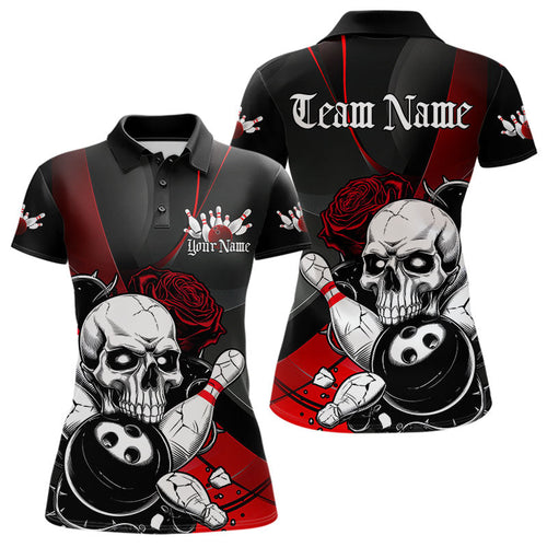 Custom Black And Red Roses Skull Bowling Team Polo Shirts For Women, Skull Bowling Jerseys IPHW8870