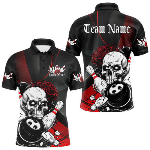 Custom Black And Red Roses Skull Bowling Team Polo Shirts For Men, Skull Bowling Jerseys IPHW8870