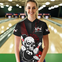 Load image into Gallery viewer, Custom Black And Red Roses Skull Bowling Team Women Quarter-Zip Shirt, Skull Bowling Jersey IPHW8870