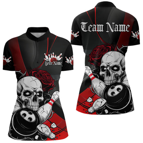 Custom Black And Red Roses Skull Bowling Team Women Quarter-Zip Shirt, Skull Bowling Jersey IPHW8870