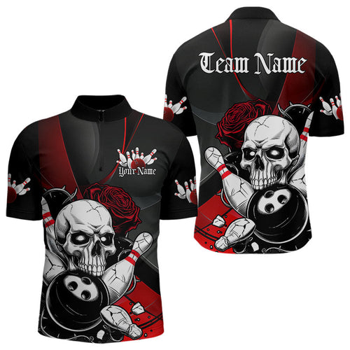 Custom Black And Red Roses Skull Bowling Team Quarter-Zip Shirts For Men, Skull Bowling Jerseys IPHW8870