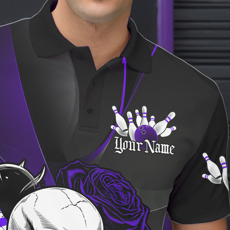 Custom Black And Purple Roses Skull Bowling Team Polo Shirts For Men, Skull Bowling Jerseys IPHW8871