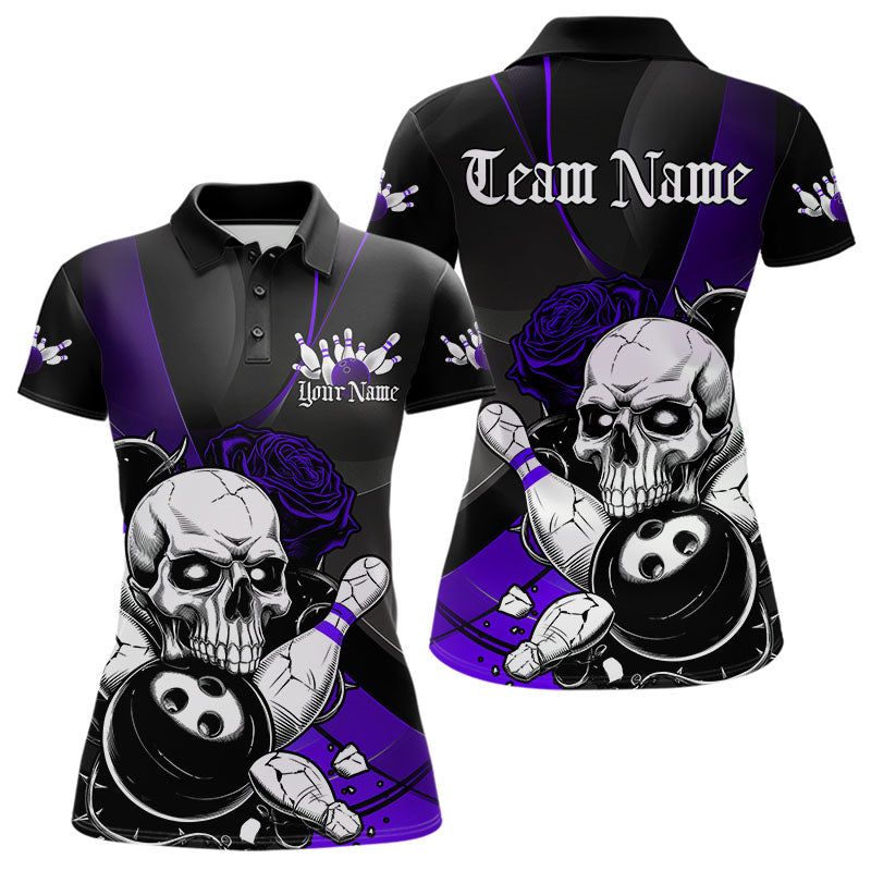 Custom Black And Purple Roses Skull Bowling Team Polo Shirt For Women, Skull Bowling Jersey IPHW8871