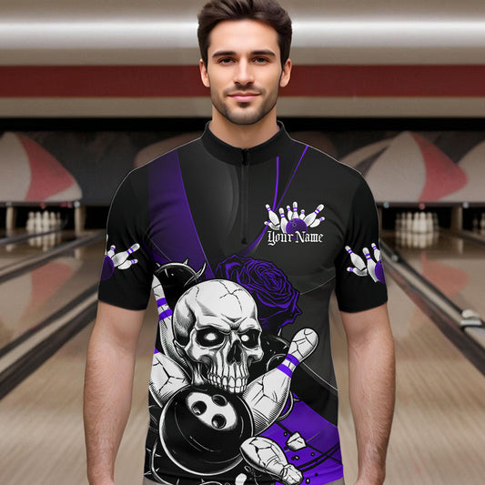Custom Black And Purple Roses Skull Bowling Team Quarter-Zip Shirts For Men, Skull Bowling Jerseys IPHW8871