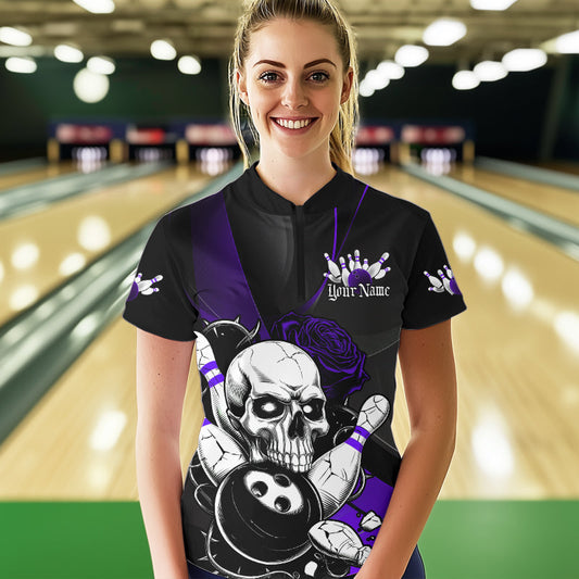 Custom Black And Purple Roses Skull Bowling Women Quarter-Zip Shirts, Skull Bowling Jerseys IPHW8871