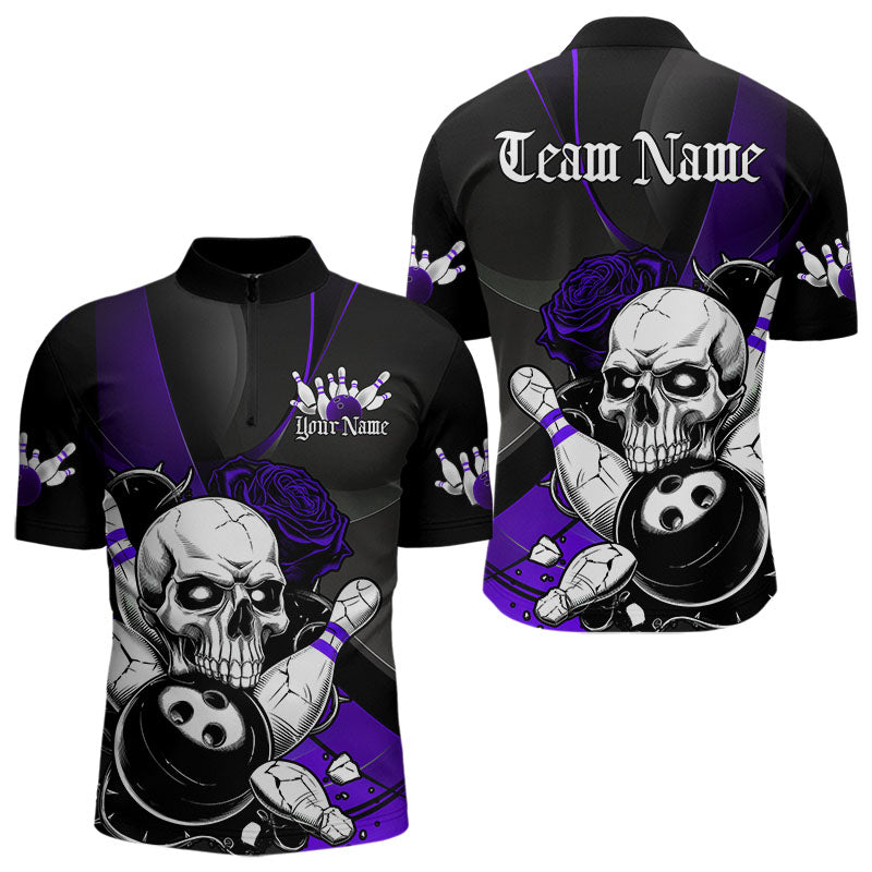 Custom Black And Purple Roses Skull Bowling Team Quarter-Zip Shirts For Men, Skull Bowling Jerseys IPHW8871