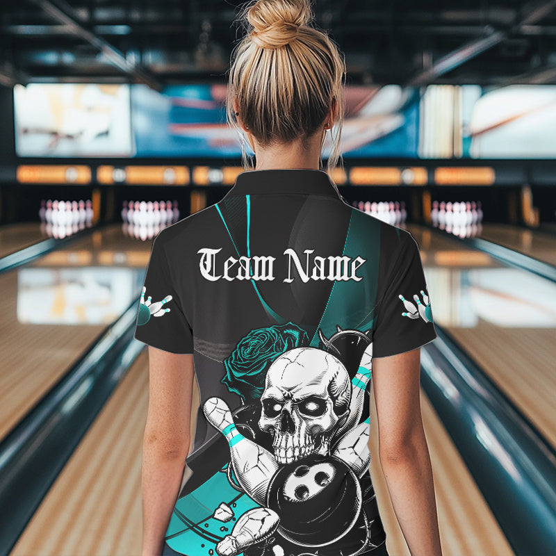 Custom Black And Blue Roses Skull Bowling Team Polo Shirts For Women, Skull Bowling Jerseys IPHW8872