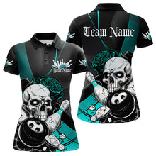 Load image into Gallery viewer, Custom Black And Blue Roses Skull Bowling Team Polo Shirts For Women, Skull Bowling Jerseys IPHW8872