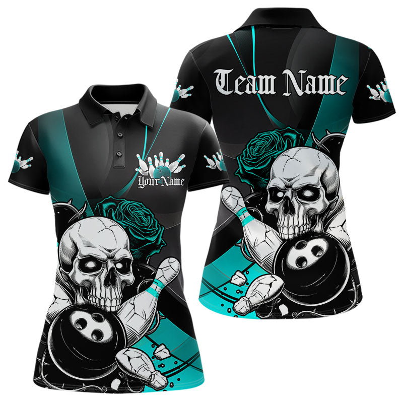 Custom Black And Blue Roses Skull Bowling Team Polo Shirts For Women, Skull Bowling Jerseys IPHW8872