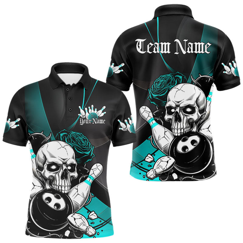 Custom Black And Blue Roses Skull Bowling Team Polo Shirts For Men, Skull Bowling Jerseys IPHW8872