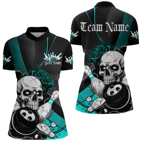Custom Black And Blue Roses Skull Bowling Women Quarter-Zip Shirts, Skull Bowling Jerseys IPHW8872