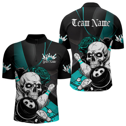 Custom Black And Blue Roses Skull Bowling Team Quarter-Zip Shirts For Men, Skull Bowling Jerseys IPHW8872