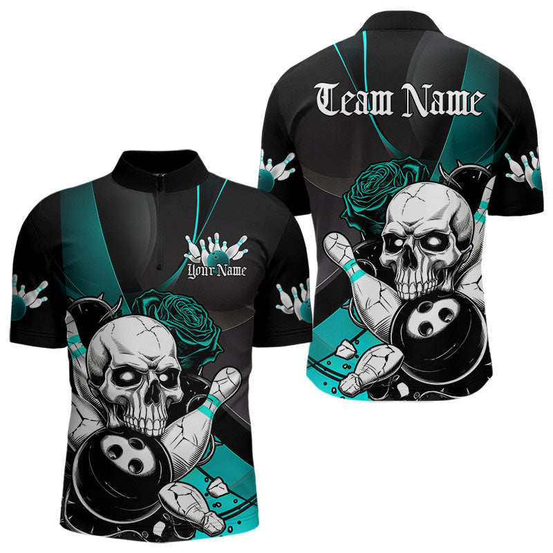 Custom Black And Blue Roses Skull Bowling Team Quarter-Zip Shirts For Men, Skull Bowling Jerseys IPHW8872