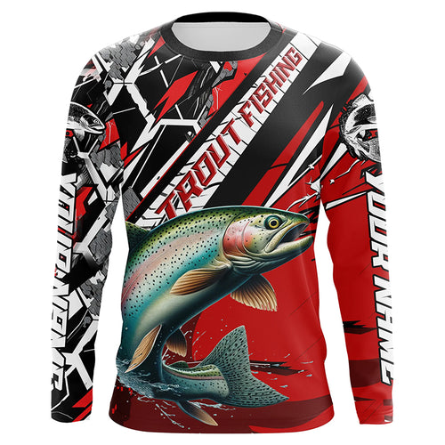 Personalized Rainbow Trout Fishing Jerseys, Trout Fly Fishing Shirts For Tournament| Black And Red IPHW6357
