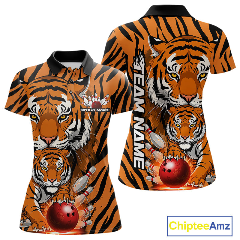 Custom Tiger Print Bowling Team Shirts, Tiger Women Polo Shirts With Name IPHW9095