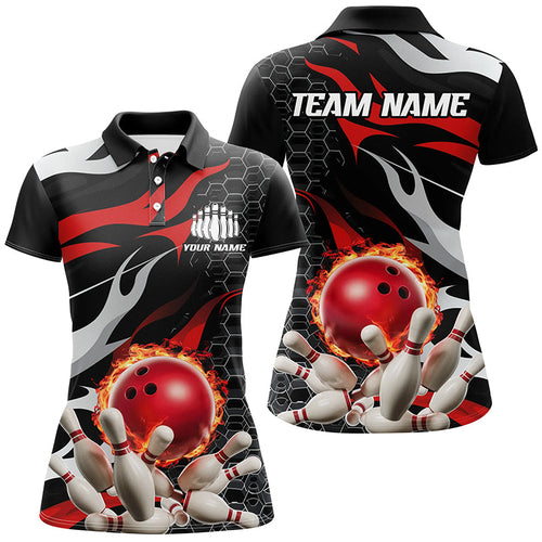 Red And Black Custom Flame Bowling Shirts For Women, Bowling Team Shirts IPHW6789