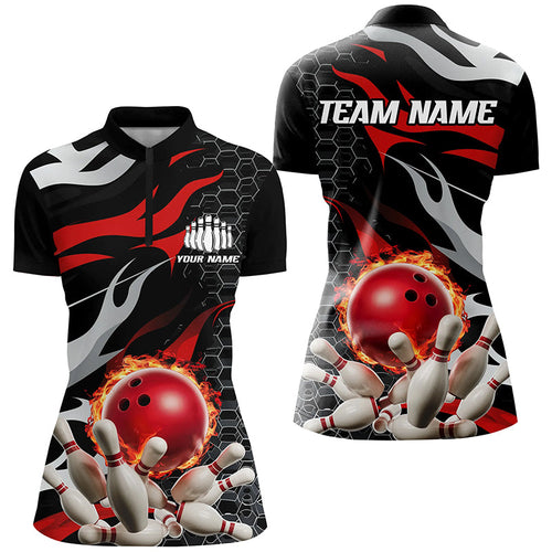 Red And Black Custom Flame Bowling Quarter Zip Shirts For Women, Bowling Team Shirts IPHW6789