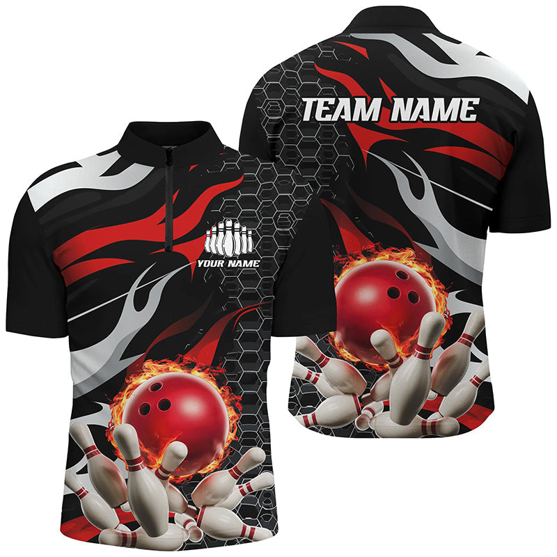 Red And Black Custom Flame Bowling Quarter Zip Shirts For Men, Bowling Team Shirts Bowling Uniform IPHW6789