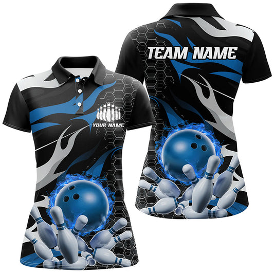 Blue And Black Custom Flame Bowling Shirts For Women, Bowling Team Shirts IPHW6790