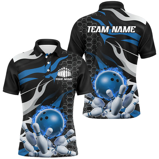 Blue And Black Custom Flame Bowling Shirts For Men, Bowling Team Shirts Bowling Uniform IPHW6790
