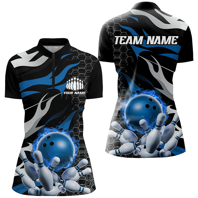 Blue And Black Custom Flame Bowling Quarter Zip Shirts For Women, Bowling Team Shirts IPHW6790
