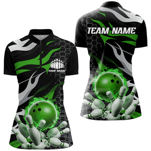 Green And Black Custom Flame Bowling Quarter Zip Shirts For Women, Bowling Team Shirts IPHW6791