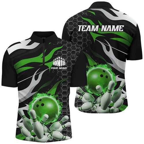 Green And Black Custom Flame Bowling Quarter Zip Shirts For Men, Bowling Team Shirt Bowling Uniform IPHW6791