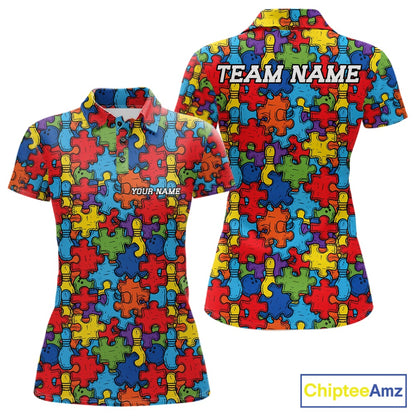 Custom Autism Awareness Bowling Women Polo Shirt, Colorful Puzzle Pieces Bowling Shirt IPHW11615