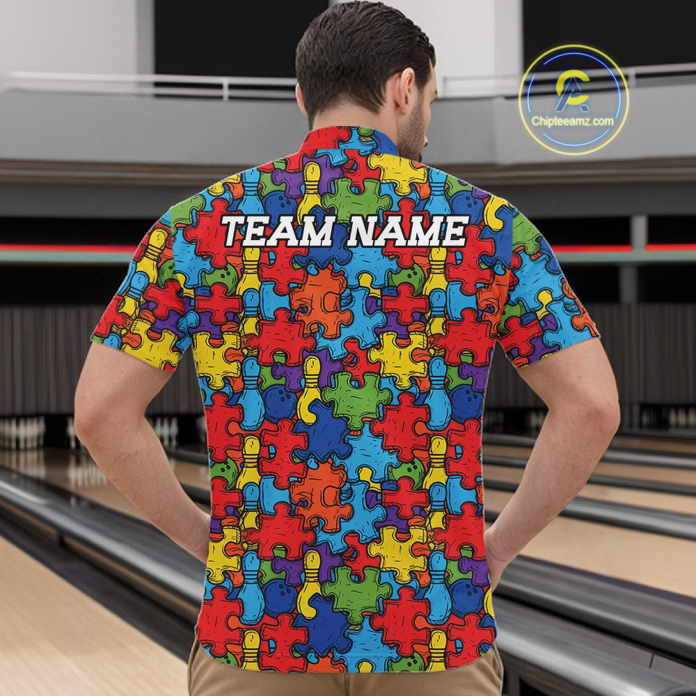 Custom Autism Awareness Bowling Men Quarter Zip Shirt, Colorful Puzzle Pieces Bowling Shirt IPHW11615