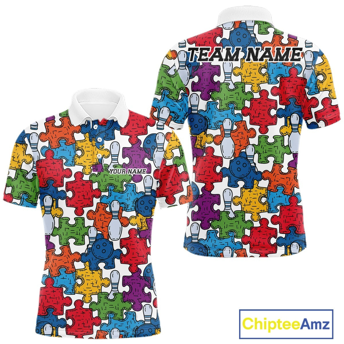 Custom Autism Awareness Bowling Men Polo Shirt, Colorful Puzzle Pieces Bowling Shirt IPHW11616