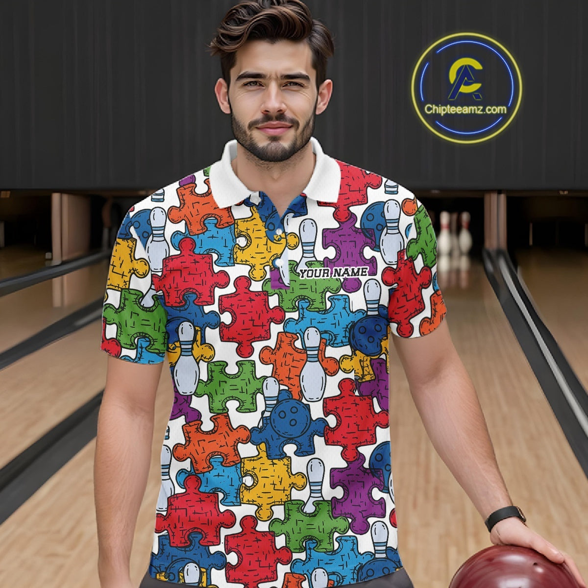 Custom Autism Awareness Bowling Men Polo Shirt, Colorful Puzzle Pieces Bowling Shirt IPHW11616