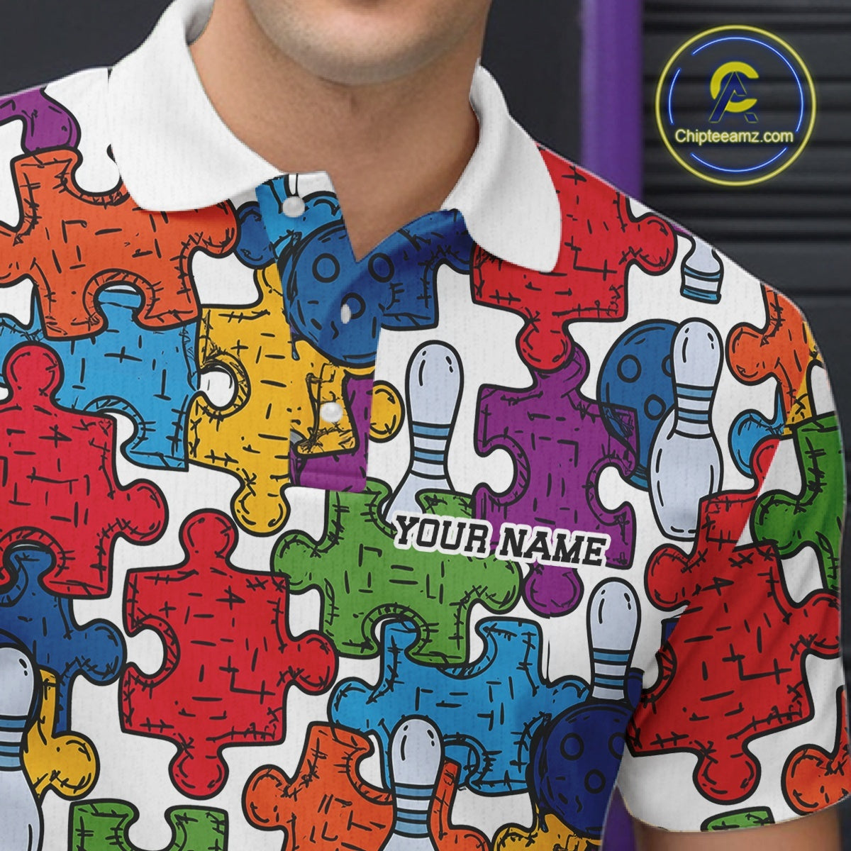 Custom Autism Awareness Bowling Men Polo Shirt, Colorful Puzzle Pieces Bowling Shirt IPHW11616