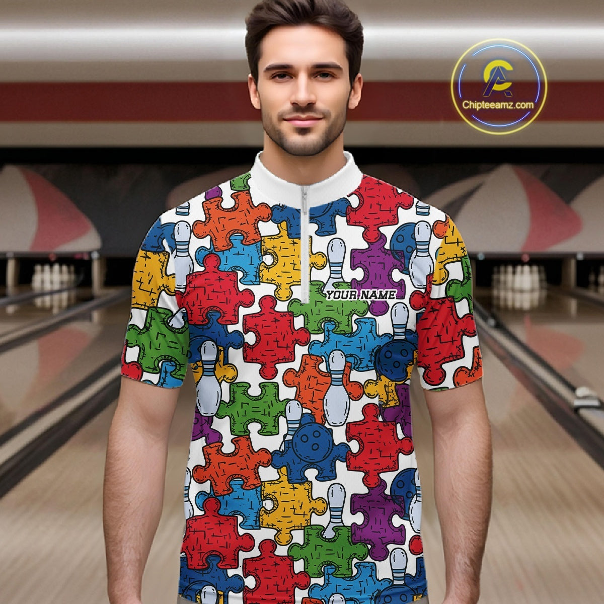 Custom Autism Awareness Bowling Men Quarter Zip Shirt, Colorful Puzzle Pieces Bowling Shirt IPHW11616