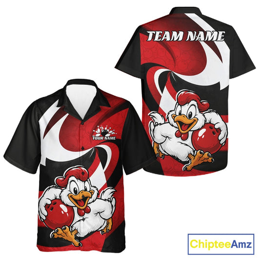 Custom short-sleeve bowling shirts shown in front and back views, featuring a red, black, and white abstract design with a cartoon chicken mascot holding a bowling ball. The front displays a 'YOUR NAME' placeholder logo, and the back has 'TEAM NAME' placeholder text.