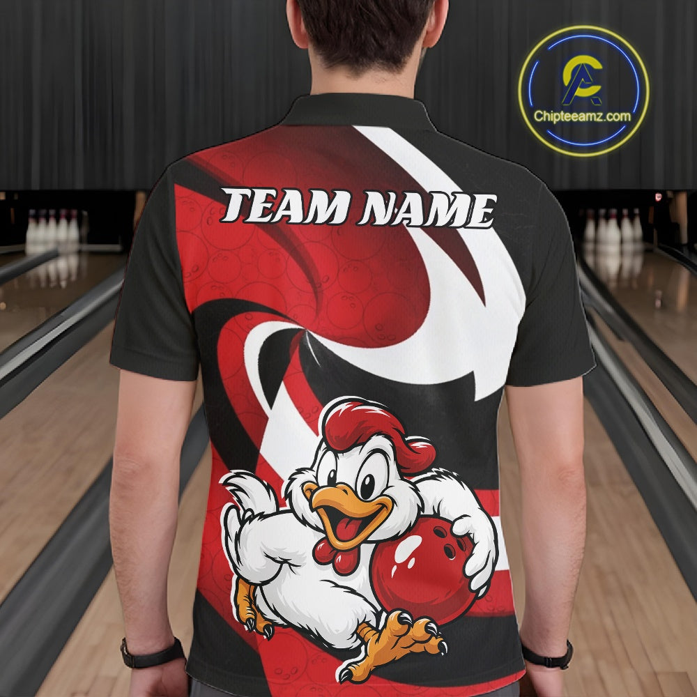 Custom Black And Red Cute Funny Chicken Bowling Jerseys Bowling Team Shirt For Men IPHW11626