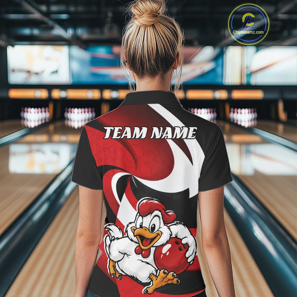 Custom Black And Red Cute Funny Chicken Bowling Jerseys Bowling Team Shirt For Women IPHW11626