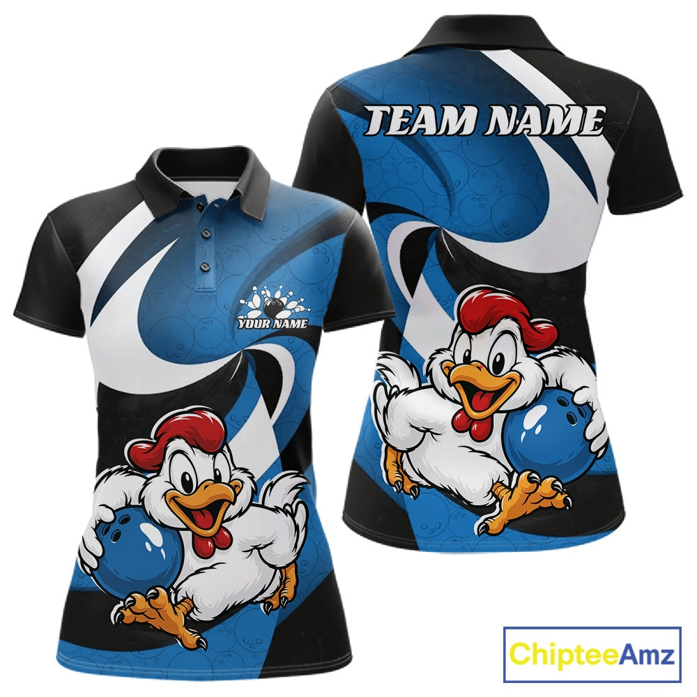 Custom Black And Blue Cute Funny Chicken Bowling Jerseys Bowling Team Shirt For Women IPHW11627
