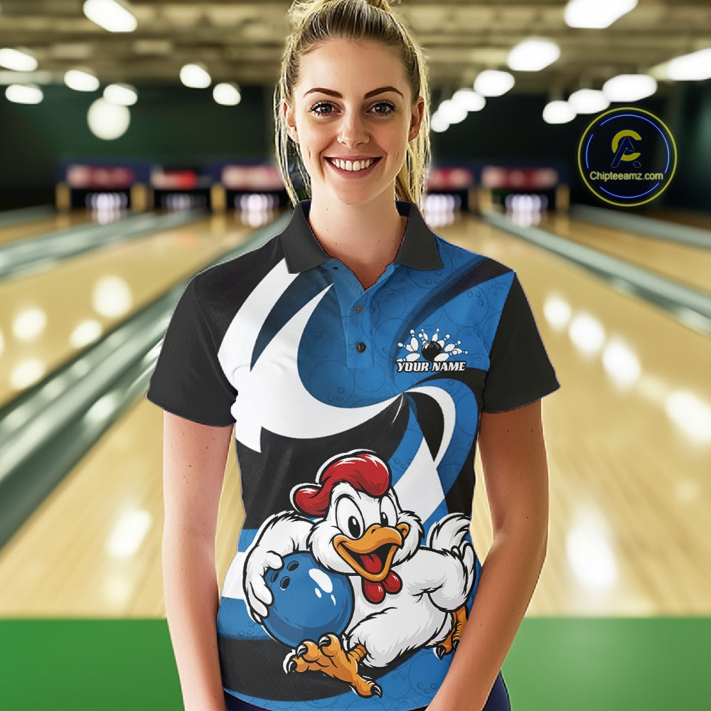 Custom Black And Blue Cute Funny Chicken Bowling Jerseys Bowling Team Shirt For Women IPHW11627