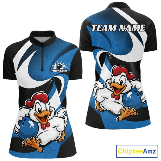 Custom short-sleeve athletic jersey shown from front and back on a white background. The jersey features a blue, black, and white abstract wave pattern with a cartoon bowling chicken mascot and customizable text fields reading 'YOUR NAME' and 'TEAM NAME'.