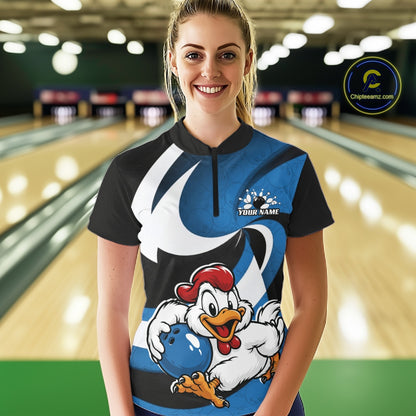 Custom Black And Blue Cute Funny Chicken Bowling Jerseys Bowling Team Shirt For Women IPHW11627