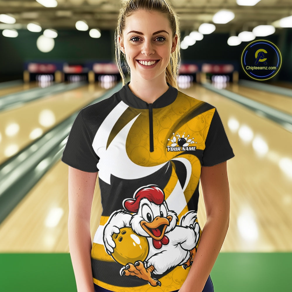 Custom Black And Yellow Cute Funny Chicken Bowling Jerseys Bowling Team Shirt For Women IPHW11629