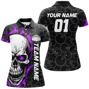 Custom Purple Flame Skull Halloween Ladies Bowling Shirt With Custom Name, Team Name, Number IPHW7104