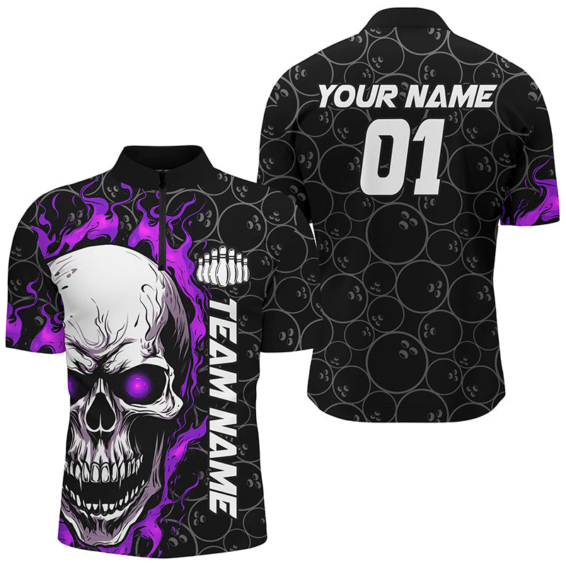 Custom Purple Flame Skull Halloween Bowling Shirts For Men With Custom Name, Team Name, Number IPHW7104