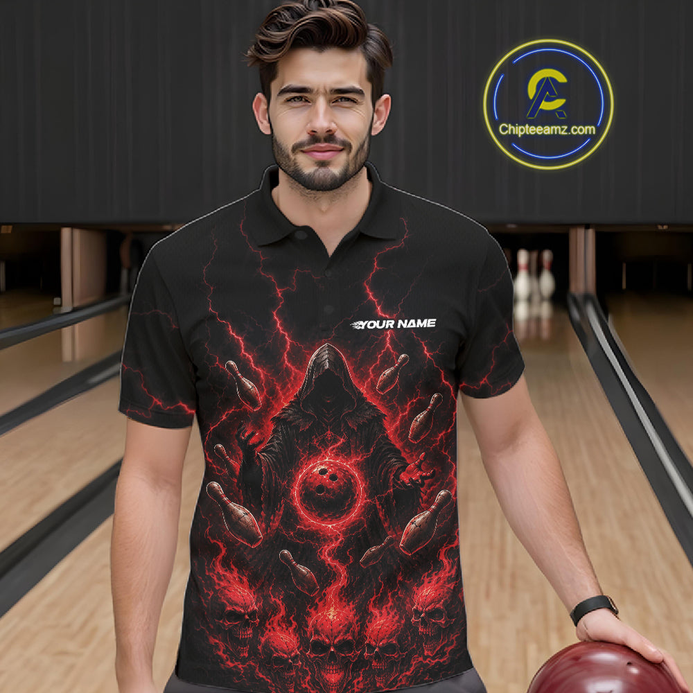 Custom Red Lightning Halloween Grim Reaper Bowling Men Polo Shirt, Dark Magic Outfit IPHW11880