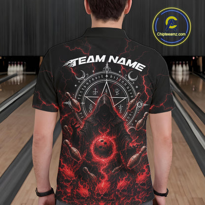 Custom Red Lightning Halloween Grim Reaper Bowling Men Polo Shirt, Dark Magic Outfit IPHW11880
