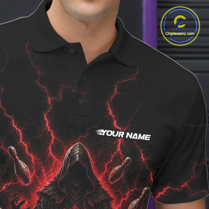 Custom Red Lightning Halloween Grim Reaper Bowling Men Polo Shirt, Dark Magic Outfit IPHW11880